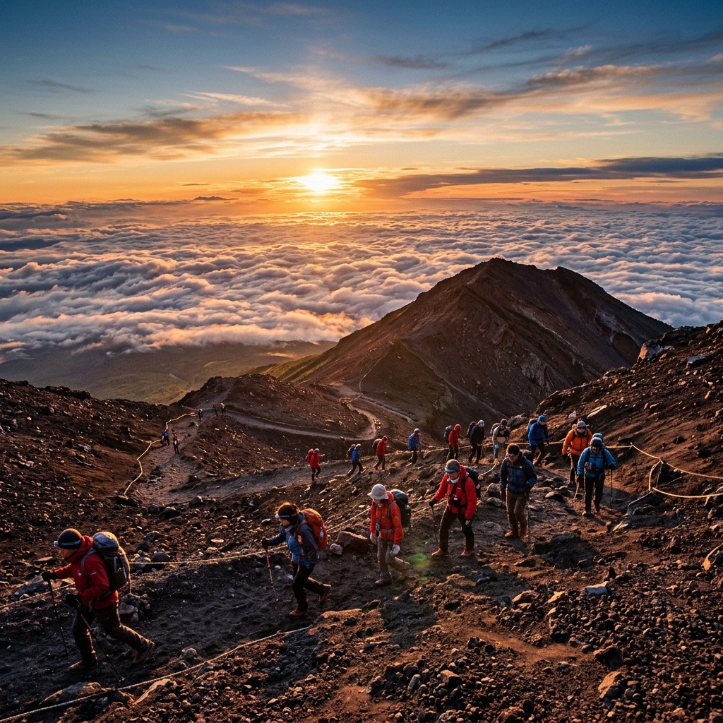 御来光の光を浴びながら富士山を登る登山者たちと眼下の雲海