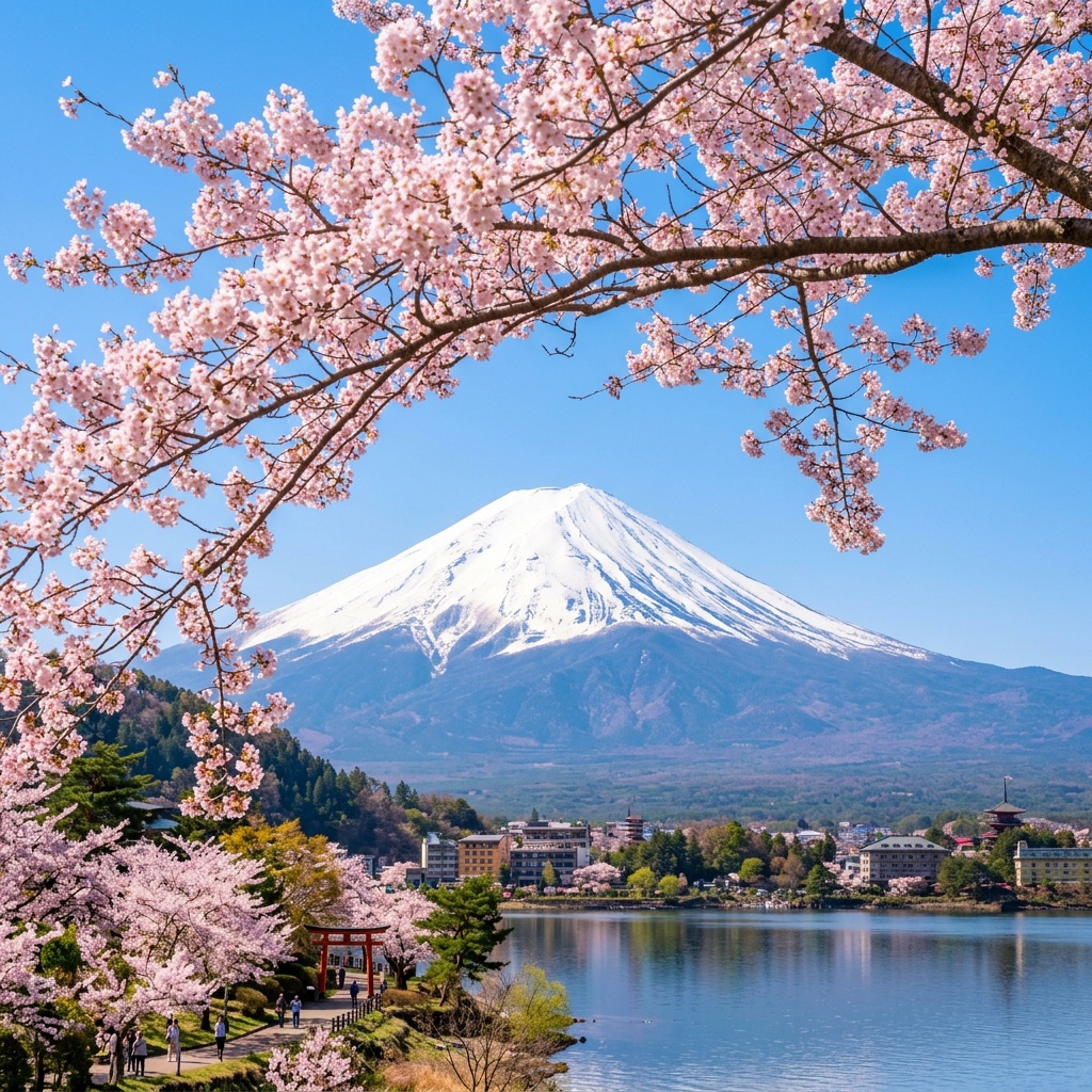 青空の下、満開の桜と雪化粧をまとった富士山の絶景