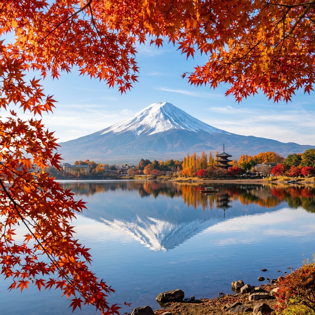 秋の紅葉に囲まれた湖面に美しく映り込む逆さ富士