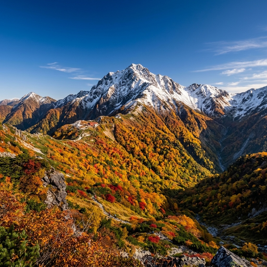 山頂にうっすらと雪を冠し、中腹に鮮やかな紅葉が広がる秋の北岳の全景
