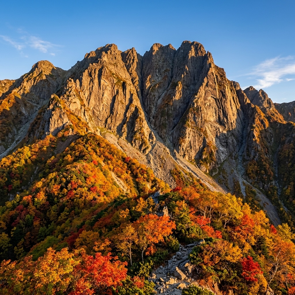朝日に照らされて黄金色に輝く北岳バットレスの大岩壁と手前の紅葉