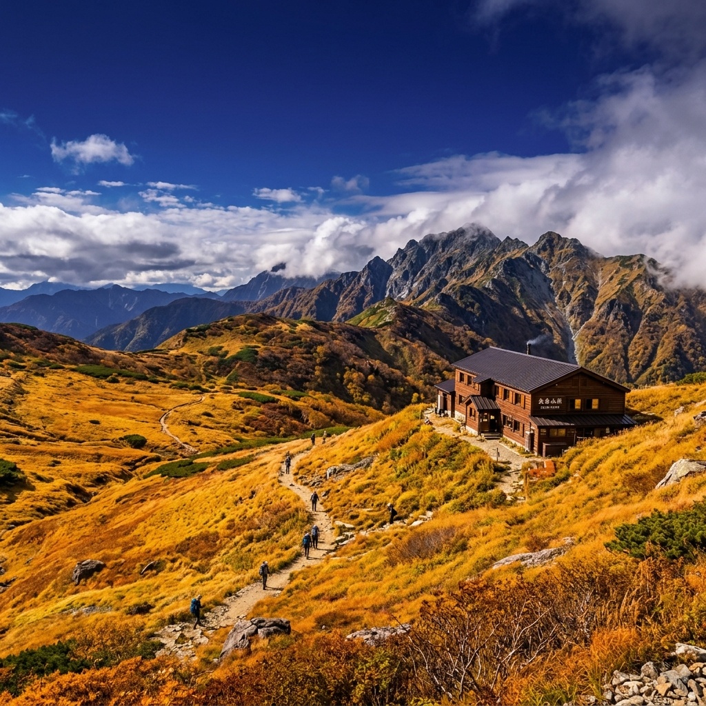 黄金色の草紅葉に囲まれた秋の北岳山荘と山並み